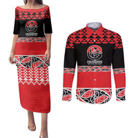 New Zealand Rugby Pacific Custom Couples Matching Puletasi and Long Sleeve Button Shirt Whatumoana Maori Kowhaiwhai Pattern LT9 Blue - Polynesian Pride