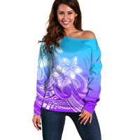Polynesian Pride Plumeria Flowers Off Shoulder Sweater Polynesian Tribal Gradient Purple LT9 Women Purple - Polynesian Pride