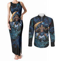 Samoa Siva Afi Couples Matching Tank Maxi Dress and Long Sleeve Button Shirt Fireknife Fire Dance Pacific Tribal Motif