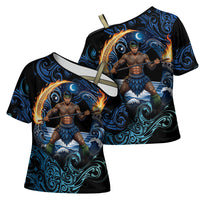 Samoa Siva Afi Cross Shoulder Shirt Fireknife Fire Dance Pacific Tribal Motif