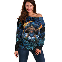Samoa Siva Afi Off Shoulder Sweater Fireknife Fire Dance Pacific Tribal Motif