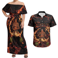 Samoa Siva Afi Dance Fireknife Couples Matching Off Shoulder Maxi Dress and Hawaiian Shirt Polynesian Heritage Fire Dance