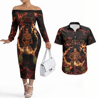 Samoa Siva Afi Dance Fireknife Couples Matching Off The Shoulder Long Sleeve Dress and Hawaiian Shirt Polynesian Heritage Fire Dance