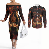 Samoa Siva Afi Dance Fireknife Couples Matching Off The Shoulder Long Sleeve Dress and Long Sleeve Button Shirt Polynesian Heritage Fire Dance
