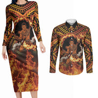 Samoa Siva Afi Dance Fireknife Couples Matching Long Sleeve Bodycon Dress and Long Sleeve Button Shirt Samoan Tribal Motif Dancing in the Fire