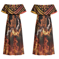Samoa Siva Afi Dance Fireknife Couples Matching Off Shoulder Maxi Dress and Hawaiian Shirt Samoan Tribal Motif Dancing in the Fire
