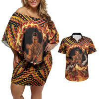 Samoa Siva Afi Dance Fireknife Couples Matching Off Shoulder Short Dress and Hawaiian Shirt Samoan Tribal Motif Dancing in the Fire