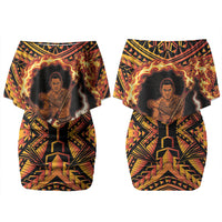 Samoa Siva Afi Dance Fireknife Couples Matching Off Shoulder Short Dress and Hawaiian Shirt Samoan Tribal Motif Dancing in the Fire