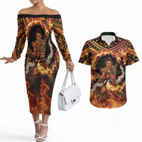 Samoa Siva Afi Dance Fireknife Couples Matching Off The Shoulder Long Sleeve Dress and Hawaiian Shirt Samoan Tribal Motif Dancing in the Fire