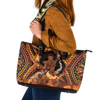 Samoa Siva Afi Dance Fireknife Leather Tote Bag Samoan Tribal Motif Dancing in the Fire