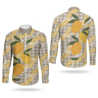 Maku'e Hawaiian Mango Palaka Couples Matching Puletasi and Long Sleeve Button Shirt Aloha Hibiscus Pikake Lei