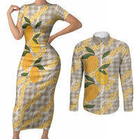 Maku'e Hawaiian Mango Palaka Couples Matching Short Sleeve Bodycon Dress and Long Sleeve Button Shirt Aloha Hibiscus Pikake Lei