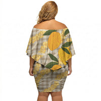 Maku'e Hawaiian Mango Palaka Off Shoulder Short Dress Aloha Hibiscus Pikake Lei