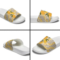 Maku'e Hawaiian Mango Palaka Slide Sandals Aloha Hibiscus Pikake Lei