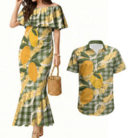 Uliuli Ahiahia Hawaiian Mango Palaka Couples Matching Mermaid Dress and Hawaiian Shirt Aloha Hibiscus Pikake Lei