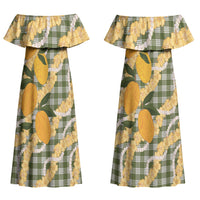 Uliuli Ahiahia Hawaiian Mango Palaka Couples Matching Off Shoulder Maxi Dress and Long Sleeve Button Shirt Aloha Hibiscus Pikake Lei