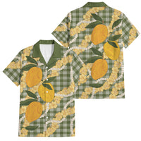 Uliuli Ahiahia Hawaiian Mango Palaka Family Matching Off Shoulder Short Dress and Hawaiian Shirt Aloha Hibiscus Pikake Lei
