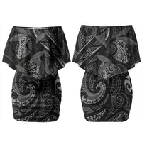 Hawaiian Mango Tribal Tattoo Couples Matching Off Shoulder Short Dress and Hawaiian Shirt Black White Pacific Traditional Pattern