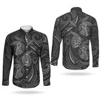 Hawaiian Mango Tribal Tattoo Couples Matching Off The Shoulder Long Sleeve Dress and Long Sleeve Button Shirt Black White Pacific Traditional Pattern