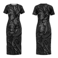 Hawaiian Mango Tribal Tattoo Couples Matching Short Sleeve Bodycon Dress and Long Sleeve Button Shirt Black White Pacific Traditional Pattern