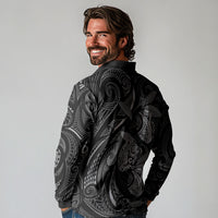 Hawaiian Mango Tribal Tattoo Long Sleeve Polo Shirt Black White Pacific Traditional Pattern