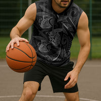 Hawaiian Mango Tribal Tattoo Sleeveless Hoodie Black White Pacific Traditional Pattern
