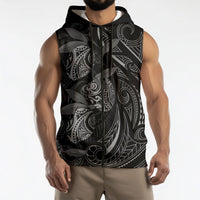 Hawaiian Mango Tribal Tattoo Sleeveless Zip Hoodie Black White Pacific Traditional Pattern