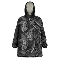 Hawaiian Mango Tribal Tattoo Wearable Blanket Hoodie Black White Pacific Traditional Pattern