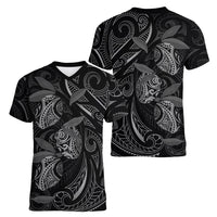 Hawaiian Mango Tribal Tattoo Women V-Neck T-Shirt Black White Pacific Traditional Pattern