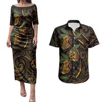 Hawaiian Mango Tribal Tattoo Couples Matching Puletasi and Hawaiian Shirt Gold Pacific Traditional Pattern