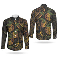 Hawaiian Mango Tribal Tattoo Couples Matching Short Sleeve Bodycon Dress and Long Sleeve Button Shirt Gold Pacific Traditional Pattern