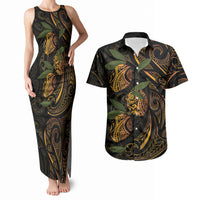 Hawaiian Mango Tribal Tattoo Couples Matching Tank Maxi Dress and Hawaiian Shirt Gold Pacific Traditional Pattern