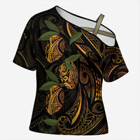 Hawaiian Mango Tribal Tattoo Cross Shoulder Shirt Gold Pacific Traditional Pattern