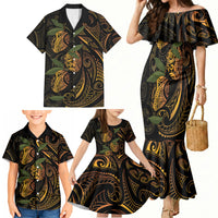 Hawaiian Mango Tribal Tattoo Family Matching Mermaid Dress and Hawaiian Shirt Gold Pacific Traditional Pattern