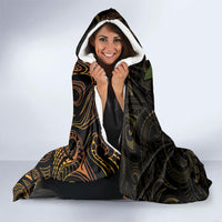 Hawaiian Mango Tribal Tattoo Hooded Blanket Gold Pacific Traditional Pattern