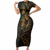 Hawaiian Mango Tribal Tattoo Short Sleeve Bodycon Dress Gold Pacific Traditional Pattern