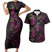 Hawaiian Mango Tribal Tattoo Couples Matching Short Sleeve Bodycon Dress and Hawaiian Shirt Pink Pacific Traditional Pattern