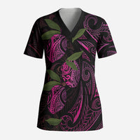 Hawaiian Mango Tribal Tattoo Scrub Top Pink Pacific Traditional Pattern