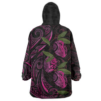 Hawaiian Mango Tribal Tattoo Wearable Blanket Hoodie Pink Pacific Traditional Pattern