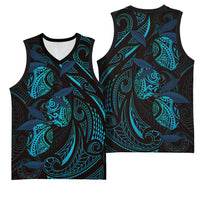 Hawaiian Mango Tribal Tattoo Basketball Jersey Teal Pacific Traditional Pattern