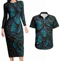Hawaiian Mango Tribal Tattoo Couples Matching Long Sleeve Bodycon Dress and Hawaiian Shirt Teal Pacific Traditional Pattern