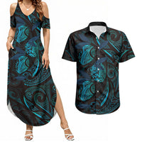 Hawaiian Mango Tribal Tattoo Couples Matching Summer Maxi Dress and Hawaiian Shirt Teal Pacific Traditional Pattern