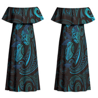 Hawaiian Mango Tribal Tattoo Family Matching Off Shoulder Maxi Dress and Hawaiian Shirt Teal Pacific Traditional Pattern