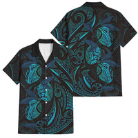 Hawaiian Mango Tribal Tattoo Family Matching Summer Maxi Dress and Hawaiian Shirt Teal Pacific Traditional Pattern