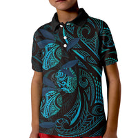 Hawaiian Mango Tribal Tattoo Kid Polo Shirt Teal Pacific Traditional Pattern