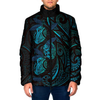 Hawaiian Mango Tribal Tattoo Padded Jacket Teal Pacific Traditional Pattern