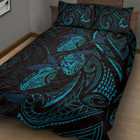 Hawaiian Mango Tribal Tattoo Quilt Bed Set Teal Pacific Traditional Pattern