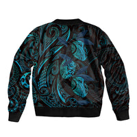 Hawaiian Mango Tribal Tattoo Sleeve Zip Bomber Jacket Teal Pacific Traditional Pattern