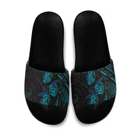 Hawaiian Mango Tribal Tattoo Slide Sandals Teal Pacific Traditional Pattern