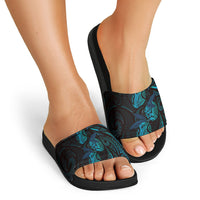 Hawaiian Mango Tribal Tattoo Slide Sandals Teal Pacific Traditional Pattern